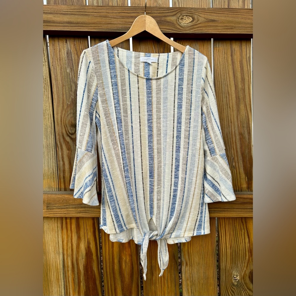 New Directions Shirt Striped Nautical Tie Bottom Bell Sleeve Sz. Medium